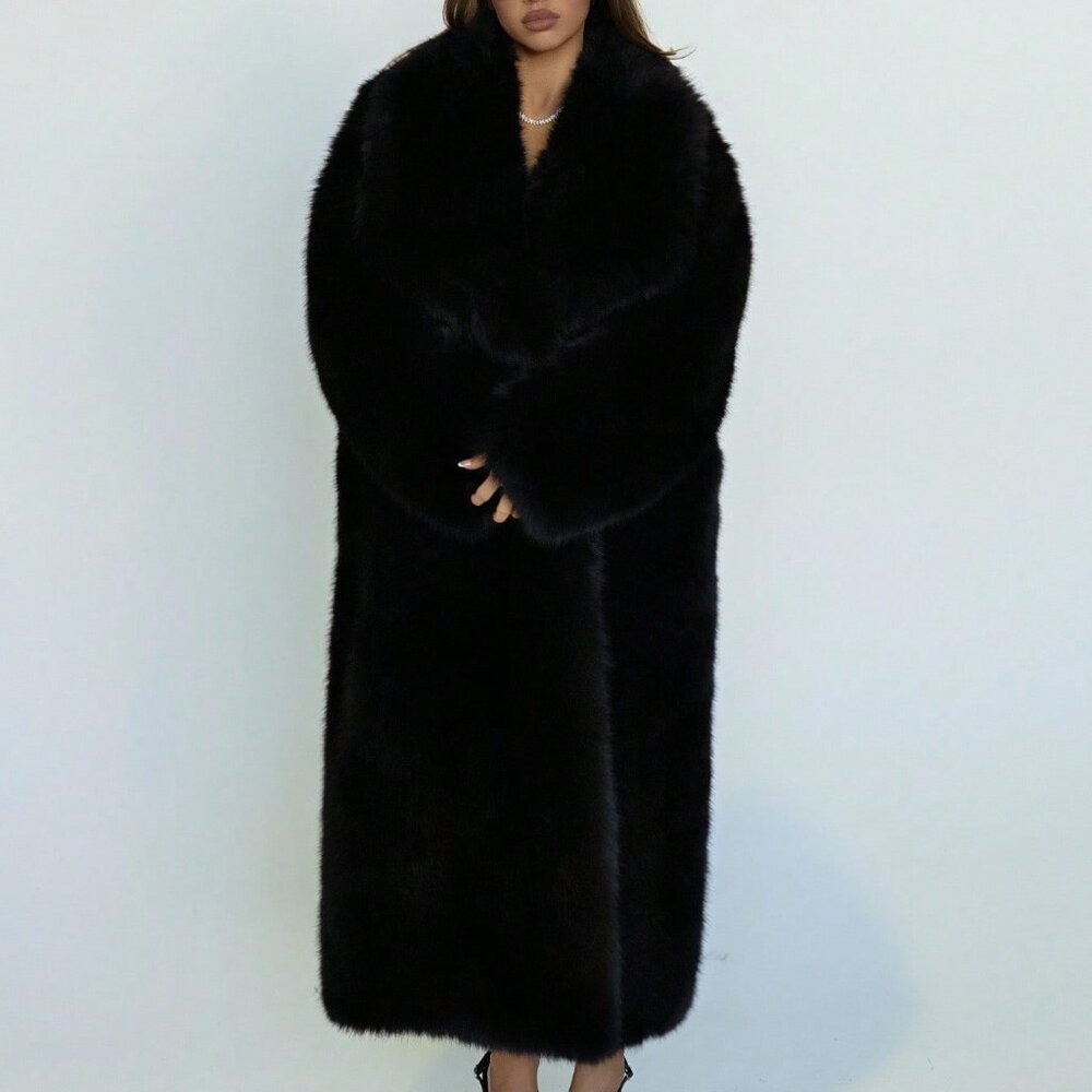 Black Casual Women's Faux Fur Collar Long Sleeve Loose Long Coat - Picture 2 of 6